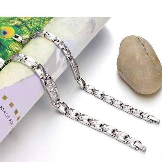 Feshionn IOBI bracelets Elegant CZ Accented Stainless Steel Germanium Magnetic Link Therapy Bracelet