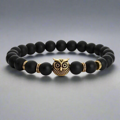Feshionn IOBI bracelets Gold Tone ON SALE - Owl Genuine Black Agate Gemstone Bead Bracelet