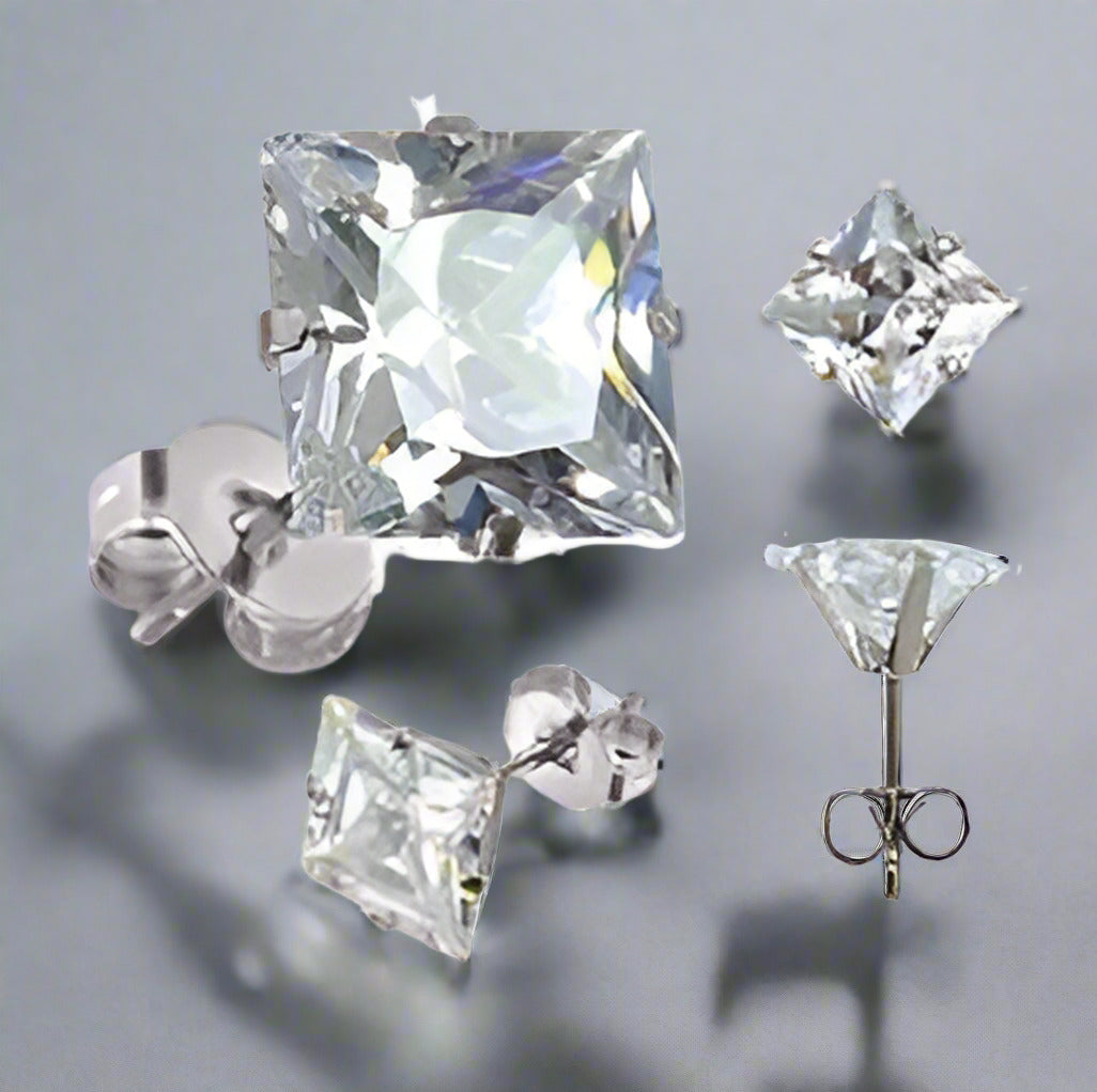 Feshionn IOBI Earrings 3mm / Stainless Steel ON SALE - Princess Cut Swiss Cubic Zirconia Stud Earrings Square 316 Stainless Steel
