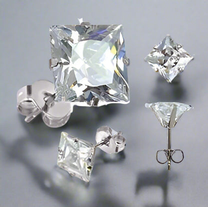 Feshionn IOBI Earrings 3mm / Stainless Steel ON SALE - Princess Cut Swiss Cubic Zirconia Stud Earrings Square 316 Stainless Steel