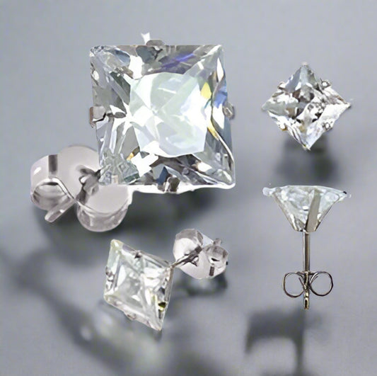 Feshionn IOBI Earrings 3mm / Stainless Steel ON SALE - Princess Cut Swiss Cubic Zirconia Stud Earrings Square 316 Stainless Steel