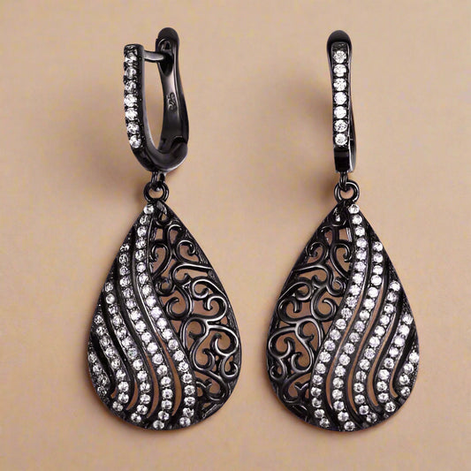 Feshionn IOBI Earrings Black Earrings Ebony Swirl Black Gold Filigree and CZ Earrings