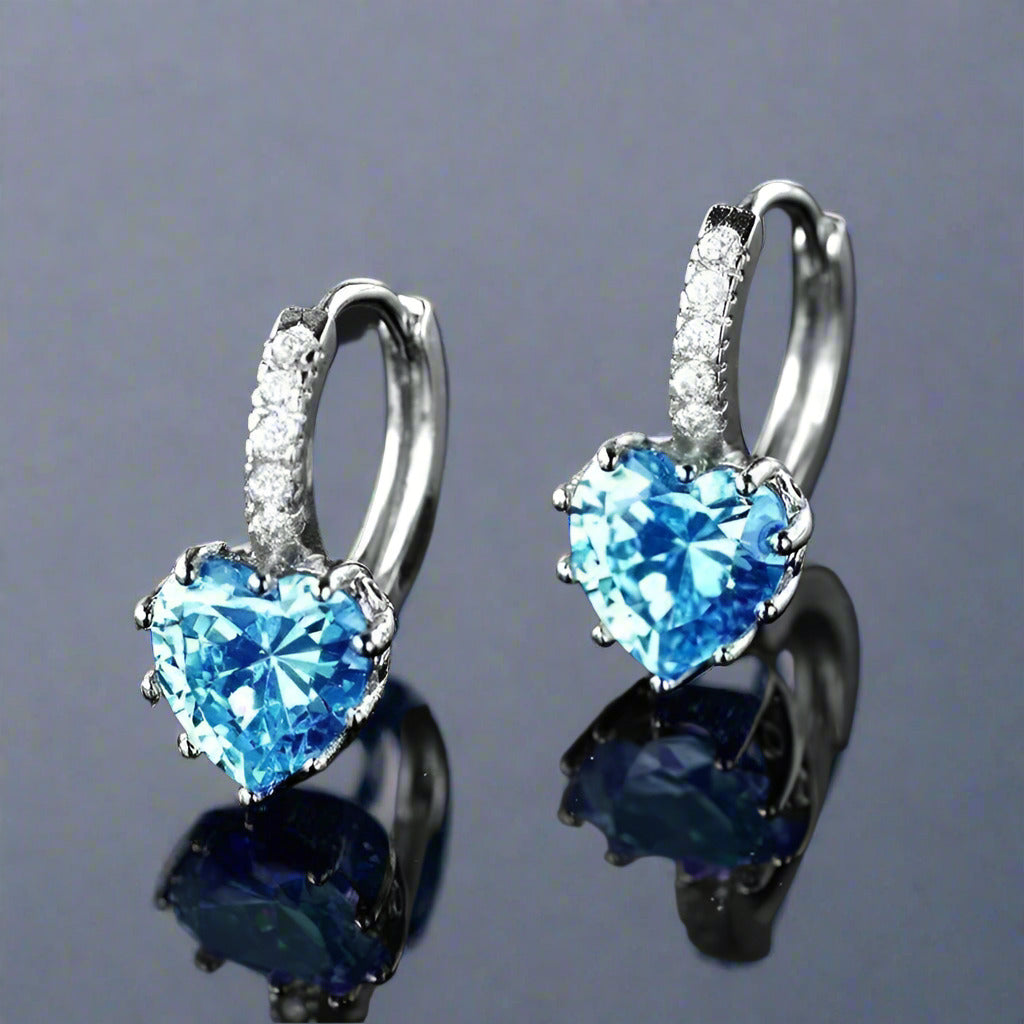 Feshionn IOBI Earrings Heart Shaped Island Blue Diamond CZ Solitaire Hoop Earrings