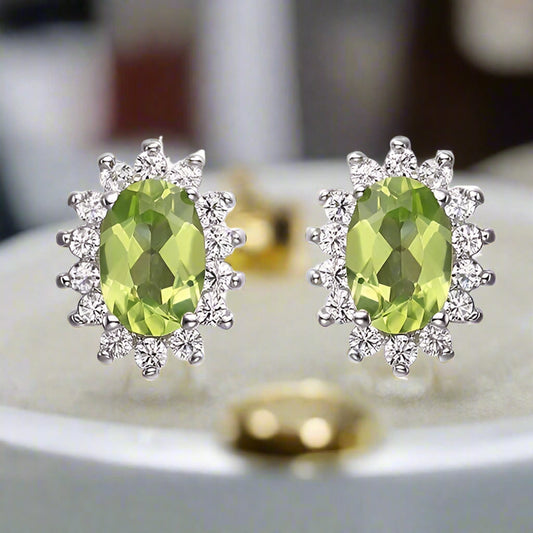 Feshionn IOBI Earrings Milan Green Halo Oval Cut 1CTW Genuine Peridot IOBI Precious Gems Earrings