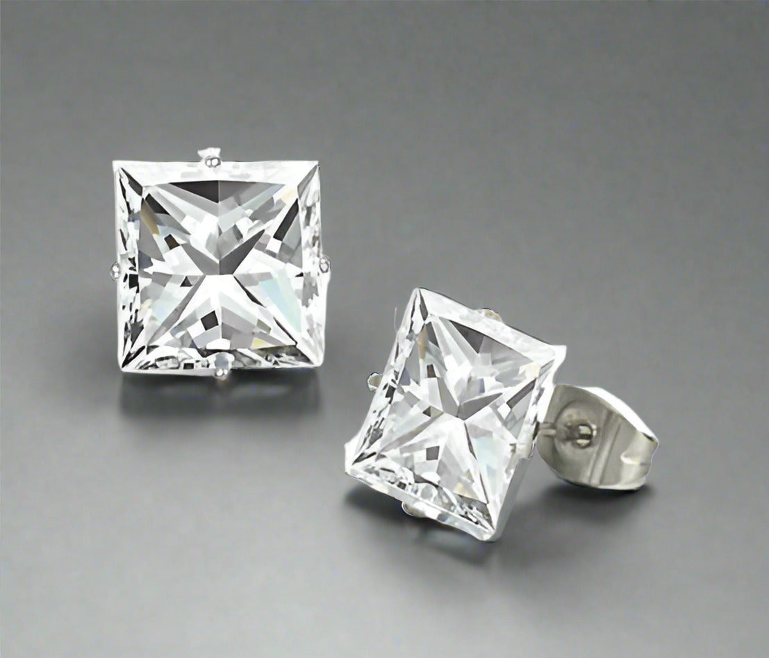 Feshionn IOBI Earrings ON SALE - Princess Cut Swiss Cubic Zirconia Stud Earrings Square 316 Stainless Steel