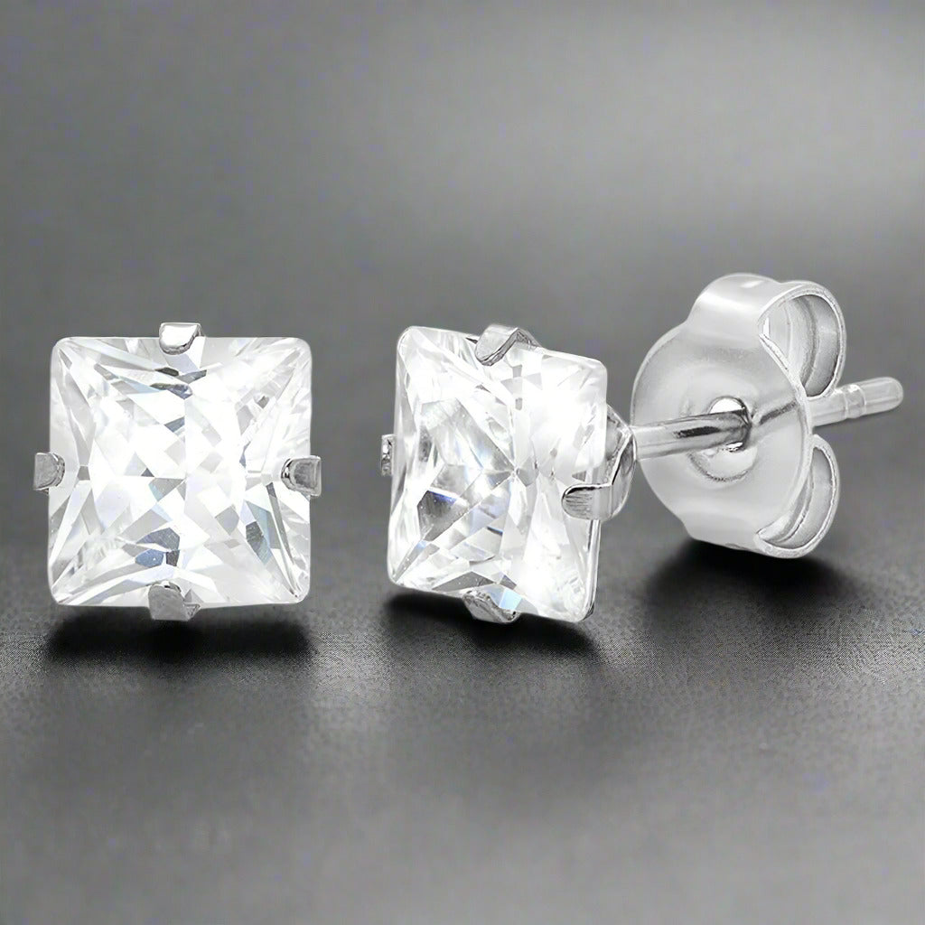Feshionn IOBI Earrings ON SALE - Princess Cut Swiss Cubic Zirconia Stud Earrings Square 316 Stainless Steel