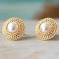 Feshionn IOBI Earrings Pearl Bead Accented Golden Basketweave Clip-On Earrings