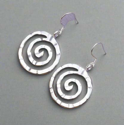 Feshionn IOBI Earrings Silver Hammered Spiral Sterling Silver Hook Earrings