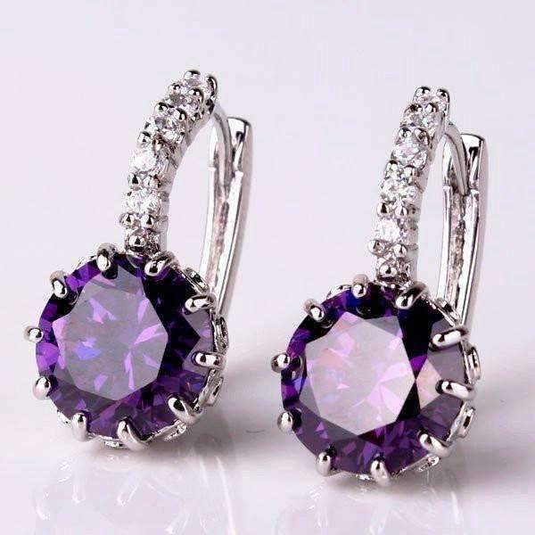 Feshionn IOBI Earrings White Gold plated Cosmic Purple CZ Solitaire White Or Yellow Gold Hoop Earrings