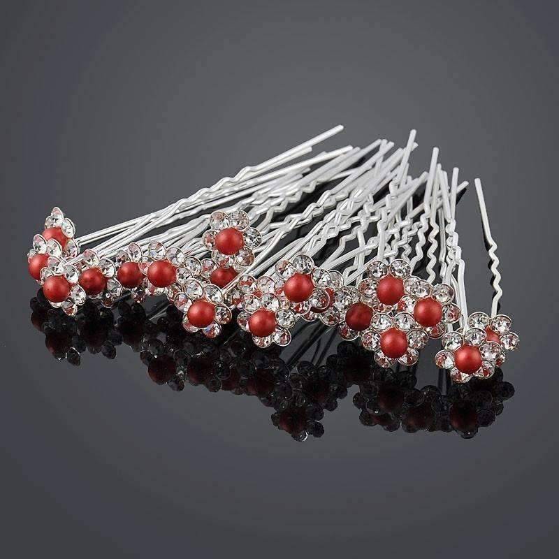 Feshionn IOBI Hair Jewelry Red / 1 Small Pearl & Rhinestone Flower Hair Pins in 12 Elegant Colors