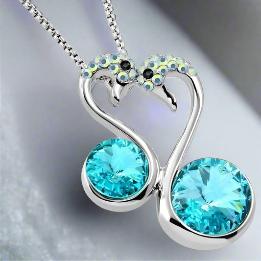 Feshionn IOBI Necklaces Deep Aqua Love Birds IOBI Crystals Swan Pendant and Necklace