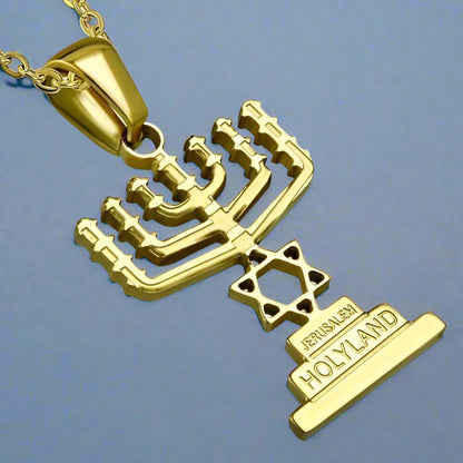 Feshionn IOBI Necklaces Gold Star of David Menorah Pendant and Necklace in Gold Plated Stainless Steel