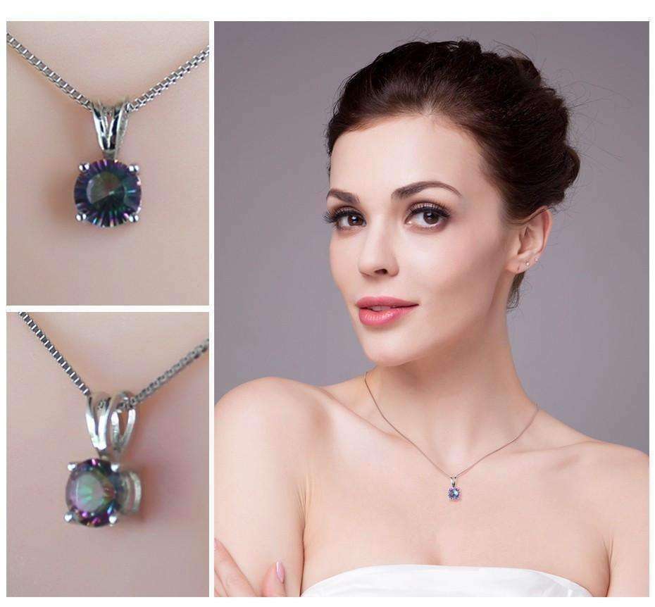 Feshionn IOBI Necklaces Rainbow Fire Genuine Mystic Topaz Round Cut 1CT IOBI Precious Gems Pendant Necklace
