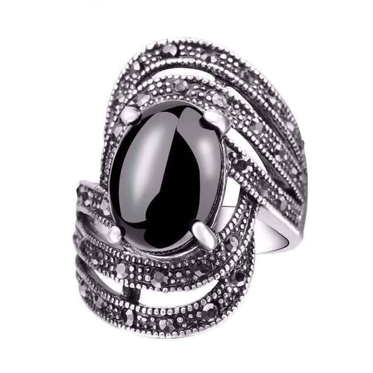 Feshionn IOBI Rings 6.5 / Black Tournée Oval Cabochon and Black Marcasite Crystal Ring