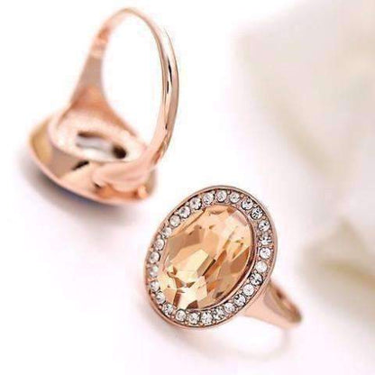 Feshionn IOBI Rings 6 "Symphony in Champagne" Classic Oval Champagne Topaz and Diamond Austrian Crystal Halo Cocktail Ring