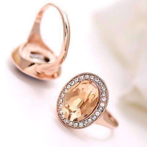 Feshionn IOBI Rings 6 "Symphony in Champagne" Classic Oval Champagne Topaz and Diamond Austrian Crystal Halo Cocktail Ring