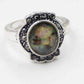 Feshionn IOBI Rings Scalloped Abalone Shell and Black Crystal Vintage Silver Ring