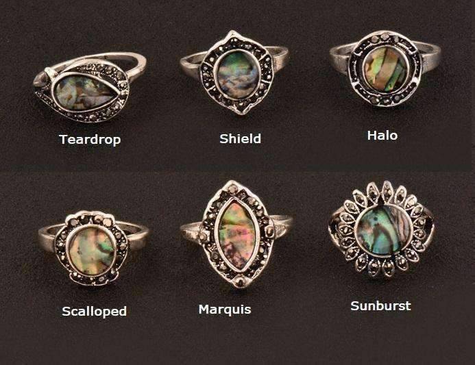Feshionn IOBI Rings Scalloped Abalone Shell and Black Crystal Vintage Silver Ring