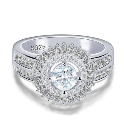Feshionn IOBI Rings Sunburst Baguette Cubic Zirconia Halo Sterling Silver Cocktail Ring