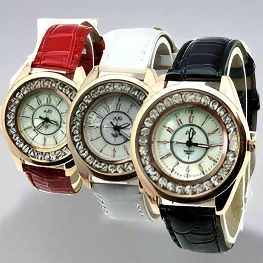 Feshionn IOBI Watches Black Mother of Pearl and Rose Gold Ladies Leather Watch - Black or White