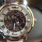 Feshionn IOBI Watches Blue Classic Skeleton Hand Wind Mechanical Watch Black Leather Strap For Men