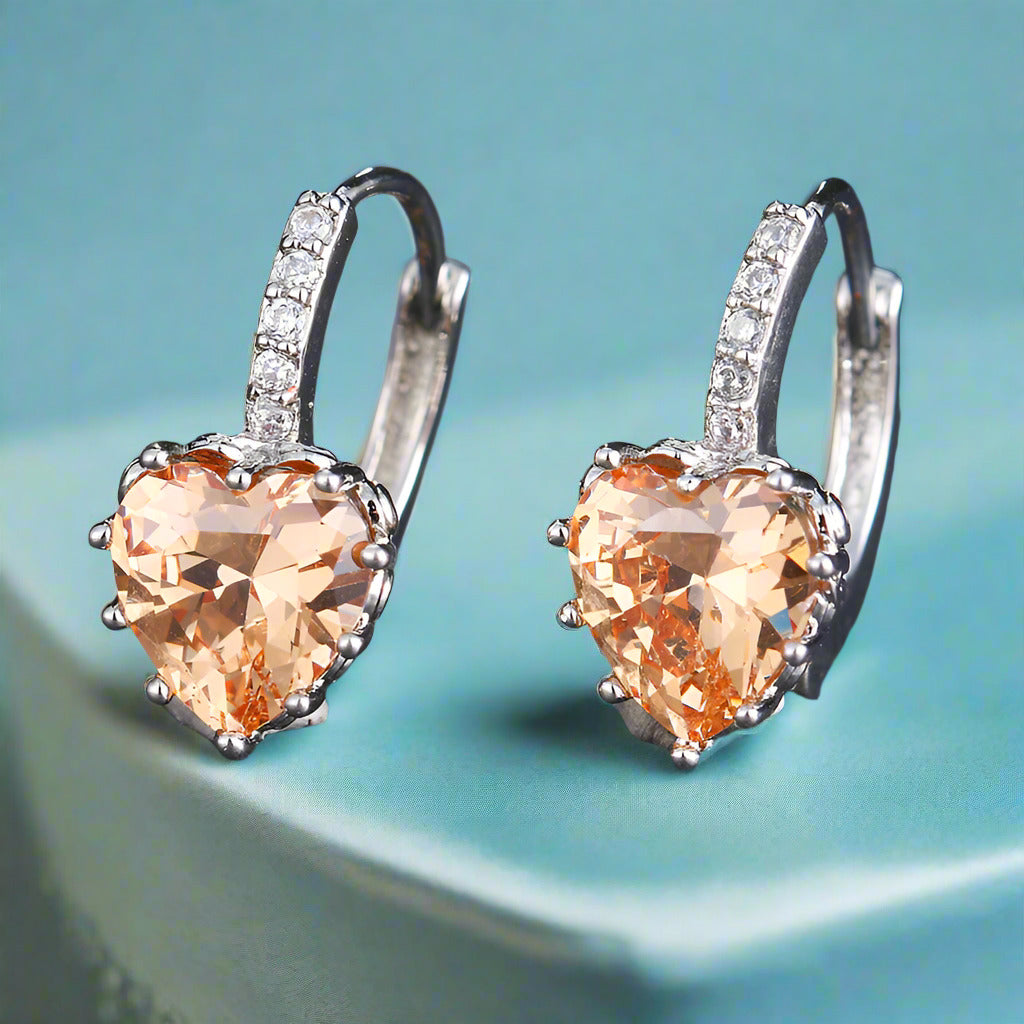 Heart Shaped Champagne Diamond CZ Solitaire Hoop Earrings for Woman