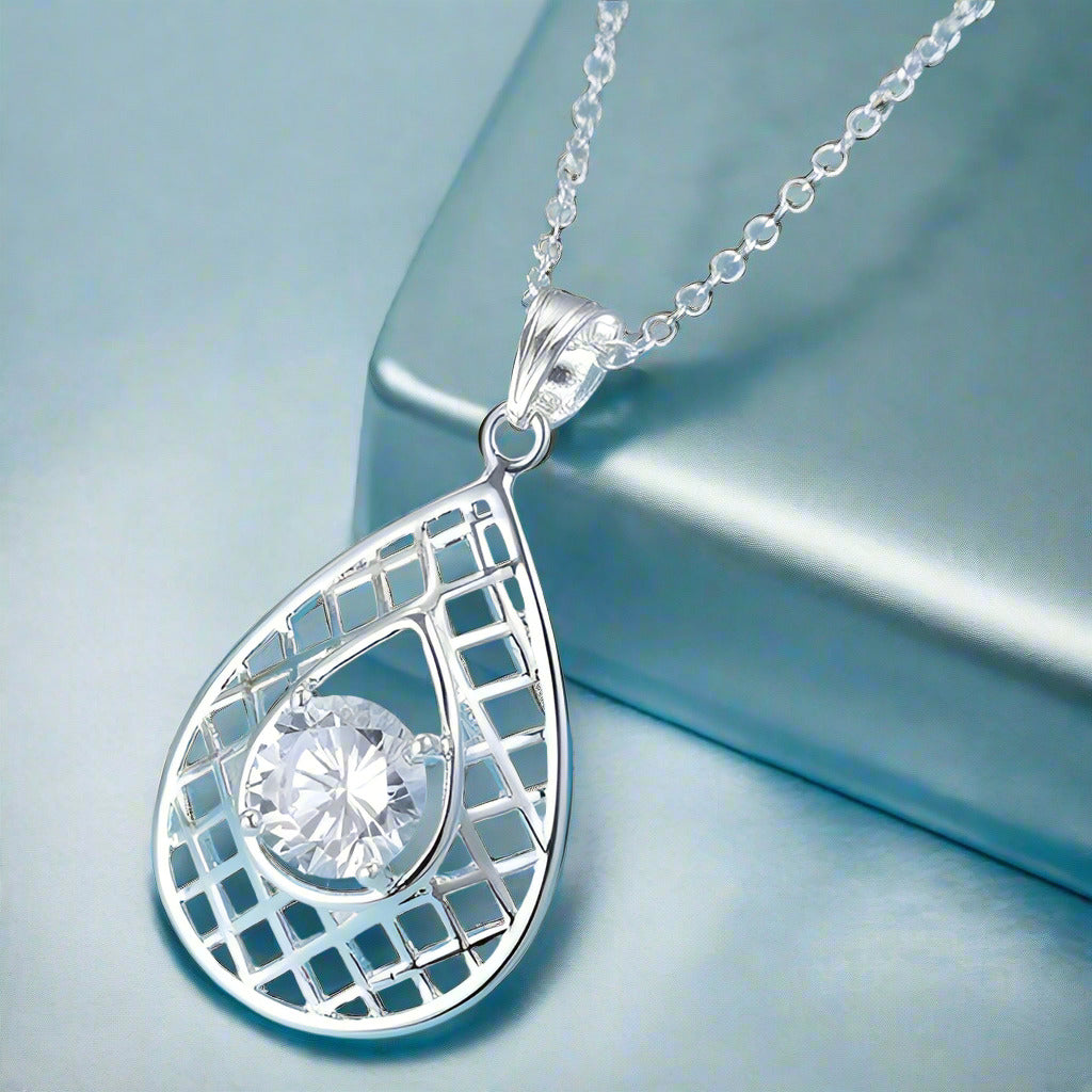Lined Pear Drop CZ Sterling Silver Necklace