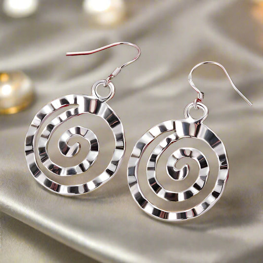 Hammered Spiral Silver Hook Earrings for Woman