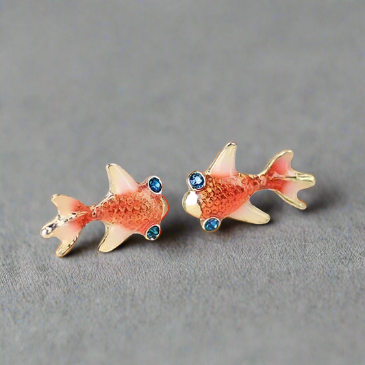 14K Gold Plated Goldfish Earrings with Blue Topaz Crystal Eyes for Woman