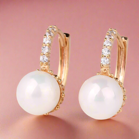 14K White Gold Plated Pearl Bead Solitaire Hoop Earrings for Woman